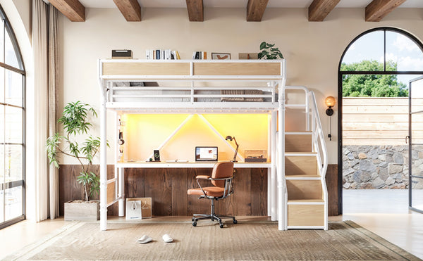 English Elm Twin Xl Industrial Loft Bed with Desk Power Outlet Led Wardrobe and Stair Storage White W5305S00178