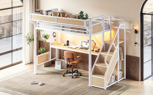 English Elm Twin Xl Industrial Loft Bed with Desk Power Outlet Led Wardrobe and Stair Storage White W5305S00178