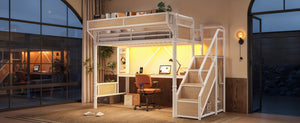 English Elm Twin Xl Industrial Loft Bed with Desk Power Outlet Led Wardrobe and Stair Storage White W5305S00178