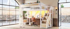 English Elm Twin Xl Industrial Loft Bed with Desk Power Outlet Led Wardrobe and Stair Storage White W5305S00178