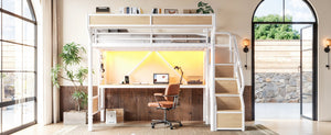 English Elm Twin Xl Industrial Loft Bed with Desk Power Outlet Led Wardrobe and Stair Storage White W5305S00178