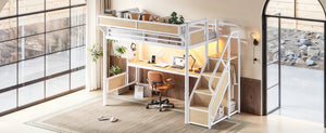 English Elm Twin Xl Industrial Loft Bed with Desk Power Outlet Led Wardrobe and Stair Storage White W5305S00178