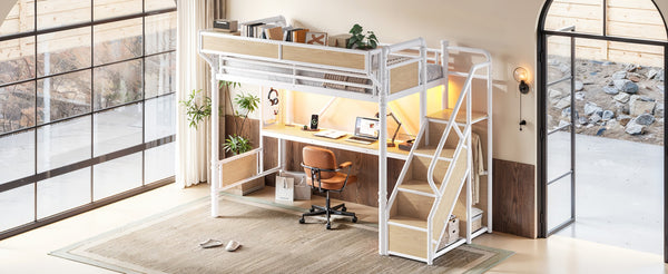 English Elm Twin Xl Industrial Loft Bed with Desk Power Outlet Led Wardrobe and Stair Storage White W5305S00178