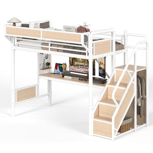English Elm Twin Xl Industrial Loft Bed with Desk Power Outlet Led Wardrobe and Stair Storage White W5305S00178