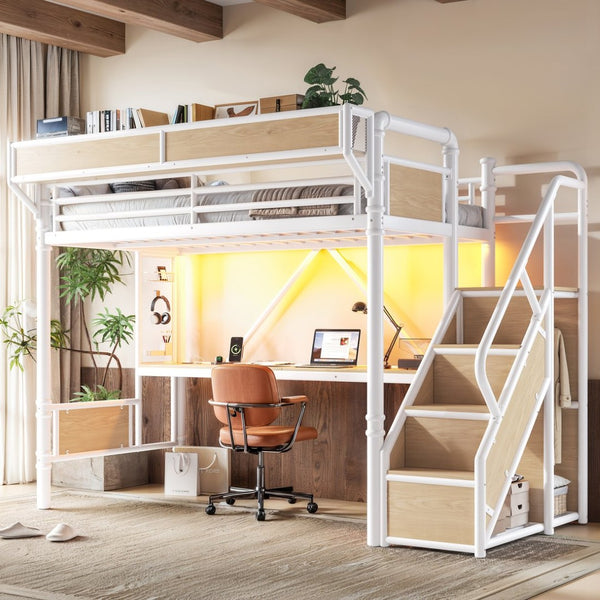 English Elm Twin Xl Industrial Loft Bed with Desk Power Outlet Led Wardrobe and Stair Storage White W5305S00178