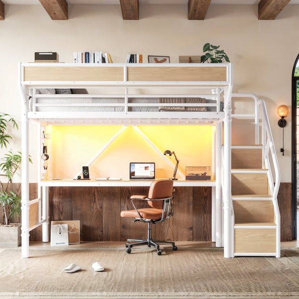 English Elm Twin Xl Industrial Loft Bed with Desk Power Outlet Led Wardrobe and Stair Storage White W5305S00178