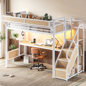 English Elm Twin Xl Industrial Loft Bed with Desk Power Outlet Led Wardrobe and Stair Storage White W5305S00178