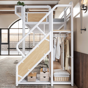 English Elm Twin Xl Industrial Loft Bed with Desk Power Outlet Led Wardrobe and Stair Storage White W5305S00178