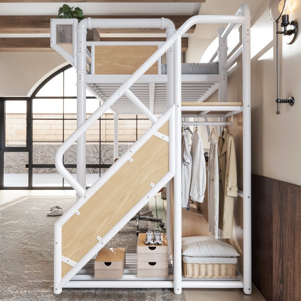 English Elm Twin Xl Industrial Loft Bed with Desk Power Outlet Led Wardrobe and Stair Storage White W5305S00178
