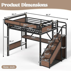 English Elm Full Size Industrial Loft Bed with Built-In Desk Power Outlet LED Wardrobe Storage Black W5305S00180