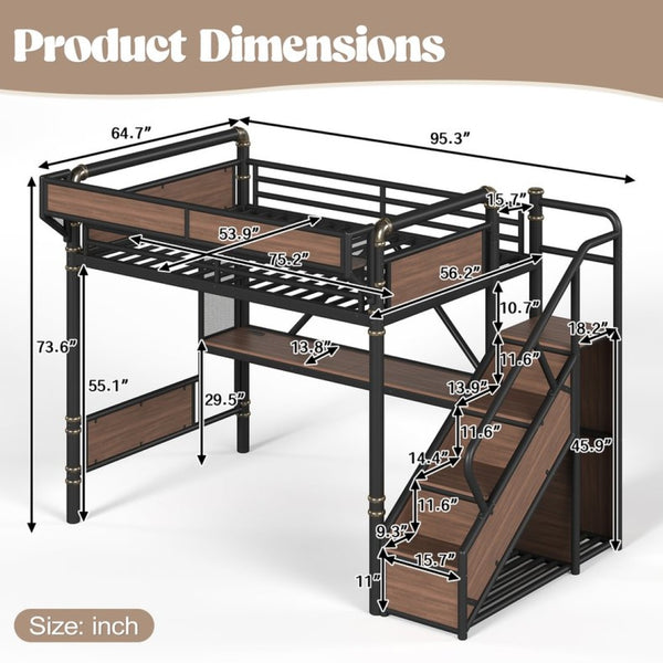 English Elm Full Size Industrial Loft Bed with Built-In Desk Power Outlet LED Wardrobe Storage Black W5305S00180