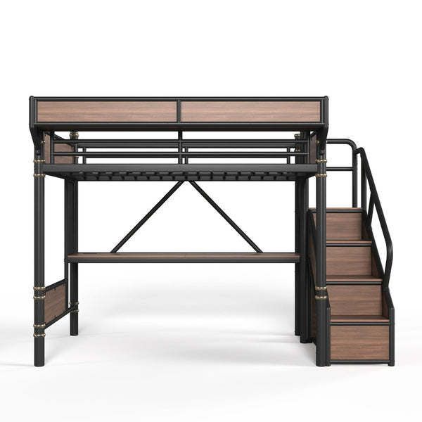 English Elm Full Size Industrial Loft Bed with Built-In Desk Power Outlet LED Wardrobe Storage Black W5305S00180