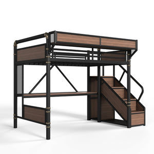 English Elm Full Size Industrial Loft Bed with Built-In Desk Power Outlet LED Wardrobe Storage Black W5305S00180
