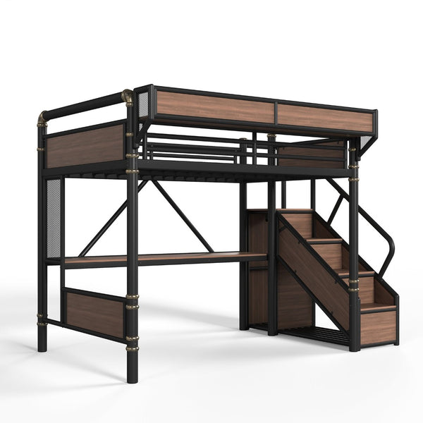 English Elm Full Size Industrial Loft Bed with Built-In Desk Power Outlet LED Wardrobe Storage Black W5305S00180