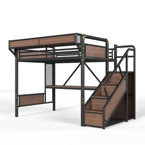 English Elm Full Size Industrial Loft Bed with Built-In Desk Power Outlet LED Wardrobe Storage Black W5305S00180