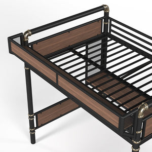 English Elm Full Size Industrial Loft Bed with Built-In Desk Power Outlet LED Wardrobe Storage Black W5305S00180