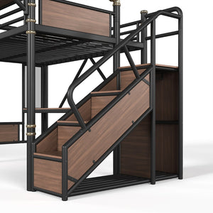 English Elm Full Size Industrial Loft Bed with Built-In Desk Power Outlet LED Wardrobe Storage Black W5305S00180