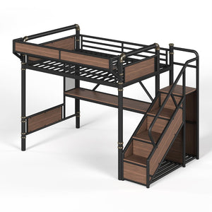 English Elm Full Size Industrial Loft Bed with Built-In Desk Power Outlet LED Wardrobe Storage Black W5305S00180