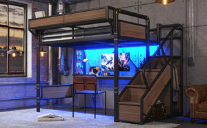 English Elm Full Size Industrial Loft Bed with Built-In Desk Power Outlet LED Wardrobe Storage Black W5305S00180