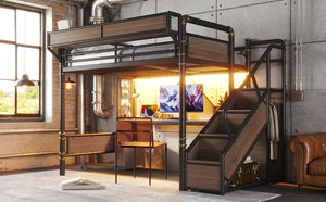 English Elm Full Size Industrial Loft Bed with Built-In Desk Power Outlet LED Wardrobe Storage Black W5305S00180