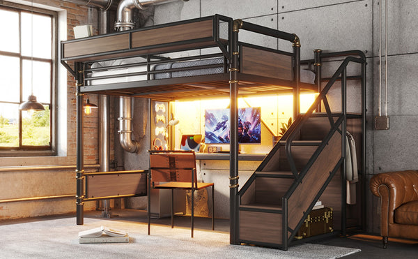 English Elm Full Size Industrial Loft Bed with Built-In Desk Power Outlet LED Wardrobe Storage Black W5305S00180