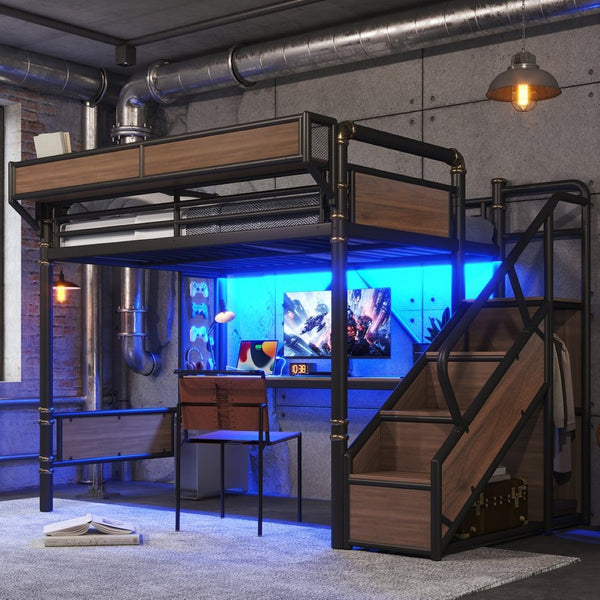 English Elm Full Size Industrial Loft Bed with Built-In Desk Power Outlet LED Wardrobe Storage Black W5305S00180