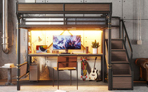 English Elm Full Size Industrial Loft Bed with Built-In Desk Power Outlet LED Wardrobe Storage Black W5305S00180