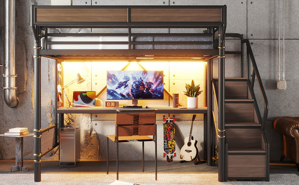 English Elm Full Size Industrial Loft Bed with Built-In Desk Power Outlet LED Wardrobe Storage Black W5305S00180