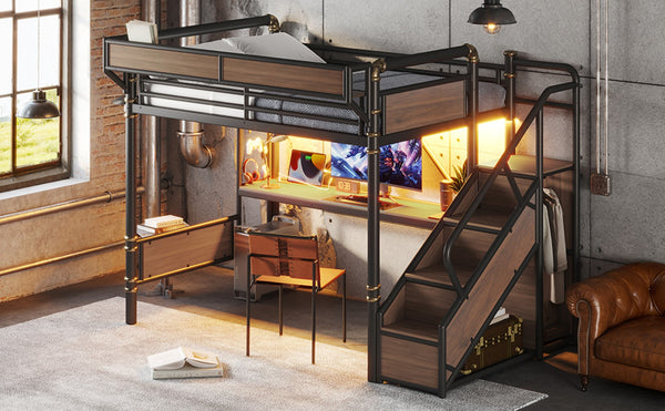English Elm Full Size Industrial Loft Bed with Built-In Desk Power Outlet LED Wardrobe Storage Black W5305S00180