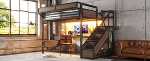 English Elm Full Size Industrial Loft Bed with Built-In Desk Power Outlet LED Wardrobe Storage Black W5305S00180