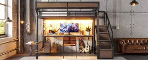 English Elm Full Size Industrial Loft Bed with Built-In Desk Power Outlet LED Wardrobe Storage Black W5305S00180