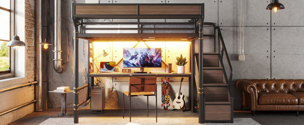 English Elm Full Size Industrial Loft Bed with Built-In Desk Power Outlet LED Wardrobe Storage Black W5305S00180