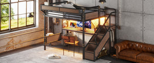 English Elm Full Size Industrial Loft Bed with Built-In Desk Power Outlet LED Wardrobe Storage Black W5305S00180