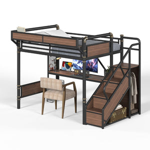 English Elm Full Size Industrial Loft Bed with Built-In Desk Power Outlet LED Wardrobe Storage Black W5305S00180