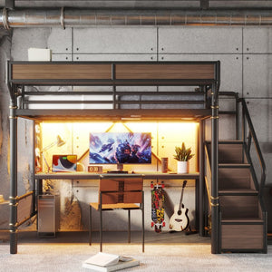 English Elm Full Size Industrial Loft Bed with Built-In Desk Power Outlet LED Wardrobe Storage Black W5305S00180