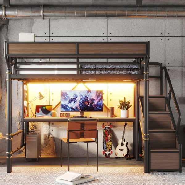 English Elm Full Size Industrial Loft Bed with Built-In Desk Power Outlet LED Wardrobe Storage Black W5305S00180