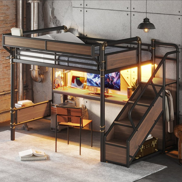 English Elm Full Size Industrial Loft Bed with Built-In Desk Power Outlet LED Wardrobe Storage Black W5305S00180