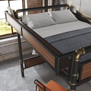 English Elm Full Size Industrial Loft Bed with Built-In Desk Power Outlet LED Wardrobe Storage Black W5305S00180