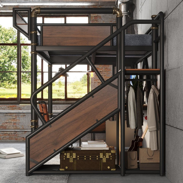 English Elm Full Size Industrial Loft Bed with Built-In Desk Power Outlet LED Wardrobe Storage Black W5305S00180