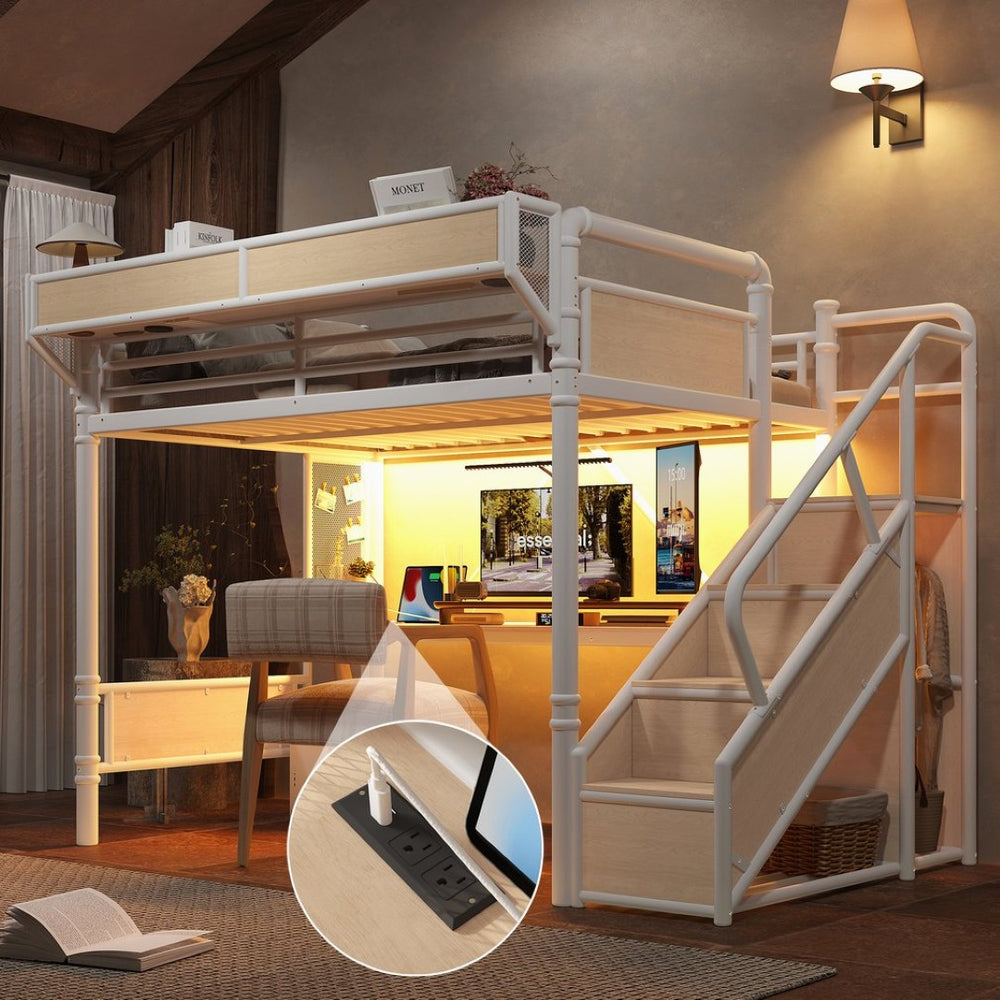 English Elm Full Size Industrial Loft Bed with Built-In Desk Power Outlet LED Wardrobe Storage White W5305S00181