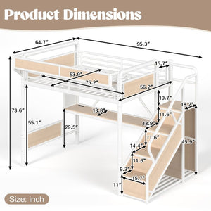 English Elm Full Size Industrial Loft Bed with Built-In Desk Power Outlet LED Wardrobe Storage White W5305S00181