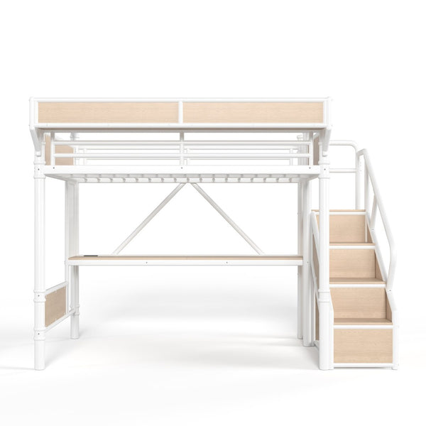 English Elm Full Size Industrial Loft Bed with Built-In Desk Power Outlet LED Wardrobe Storage White W5305S00181