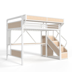 English Elm Full Size Industrial Loft Bed with Built-In Desk Power Outlet LED Wardrobe Storage White W5305S00181