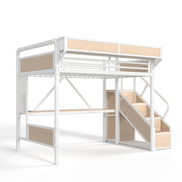 English Elm Full Size Industrial Loft Bed with Built-In Desk Power Outlet LED Wardrobe Storage White W5305S00181