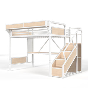 English Elm Full Size Industrial Loft Bed with Built-In Desk Power Outlet LED Wardrobe Storage White W5305S00181