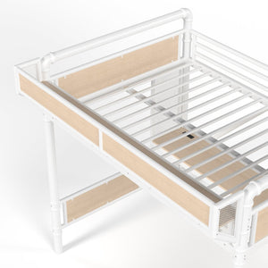 English Elm Full Size Industrial Loft Bed with Built-In Desk Power Outlet LED Wardrobe Storage White W5305S00181