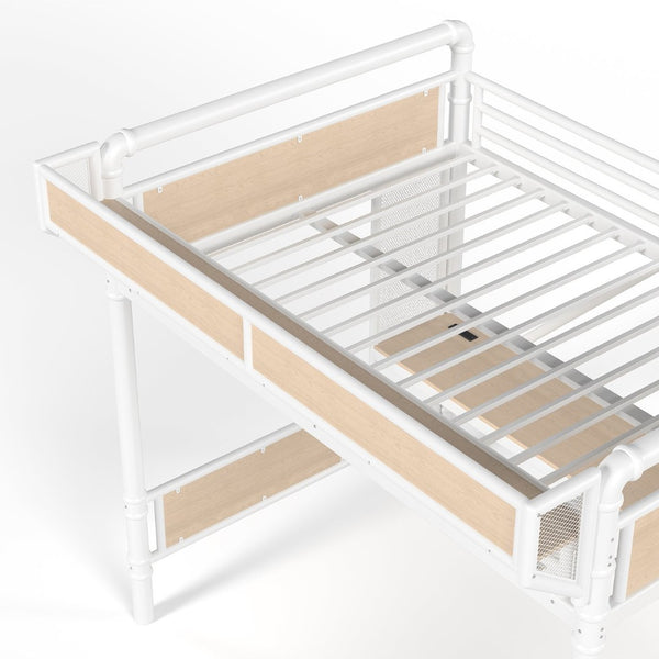English Elm Full Size Industrial Loft Bed with Built-In Desk Power Outlet LED Wardrobe Storage White W5305S00181