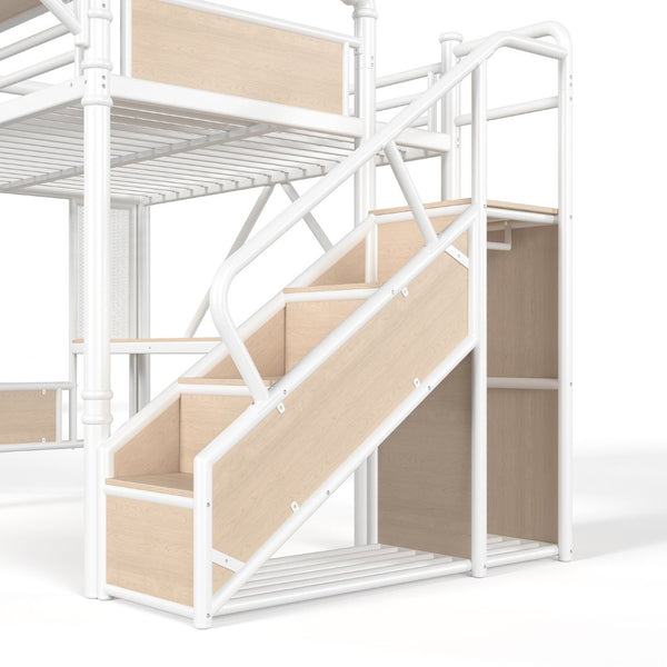 English Elm Full Size Industrial Loft Bed with Built-In Desk Power Outlet LED Wardrobe Storage White W5305S00181