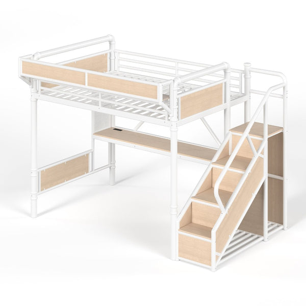 English Elm Full Size Industrial Loft Bed with Built-In Desk Power Outlet LED Wardrobe Storage White W5305S00181