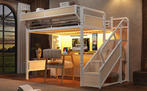 English Elm Full Size Industrial Loft Bed with Built-In Desk Power Outlet LED Wardrobe Storage White W5305S00181